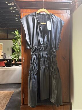 Proenza Schouler Black Gathered Faux-Leather Dress